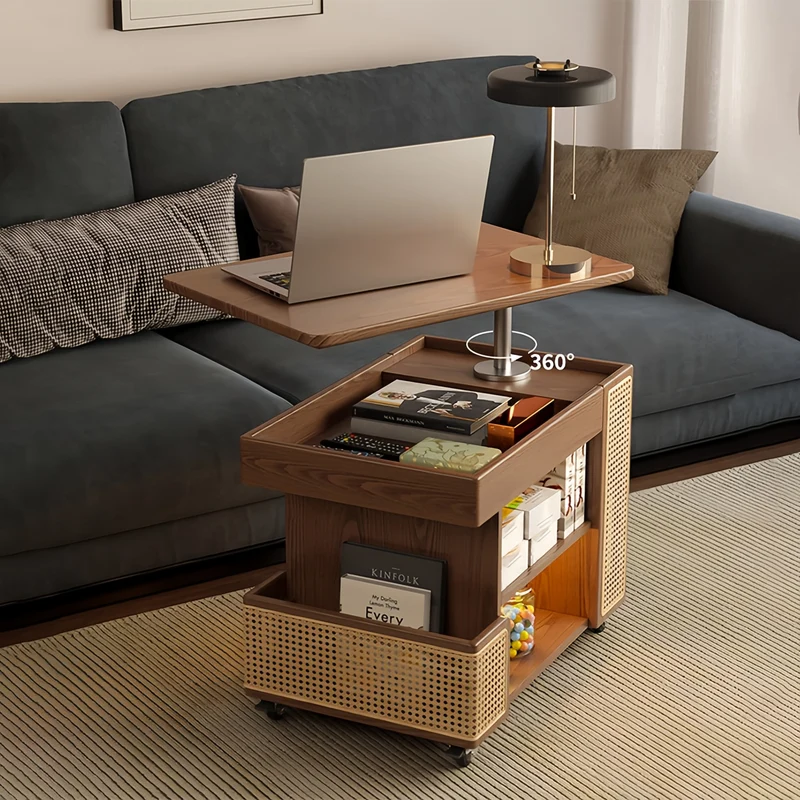 Anhebbarer Couchtisch aus Massivholz mit Stauraum und Universalrollen