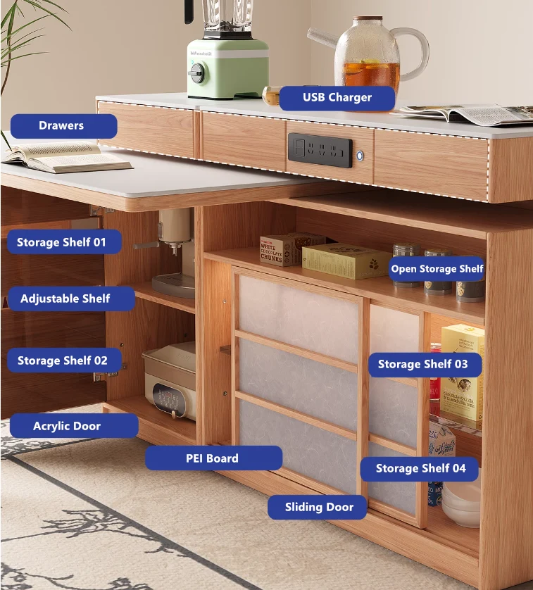 Drehbarer Inseltisch mit Stuhlablage und Sideboard-Schrank