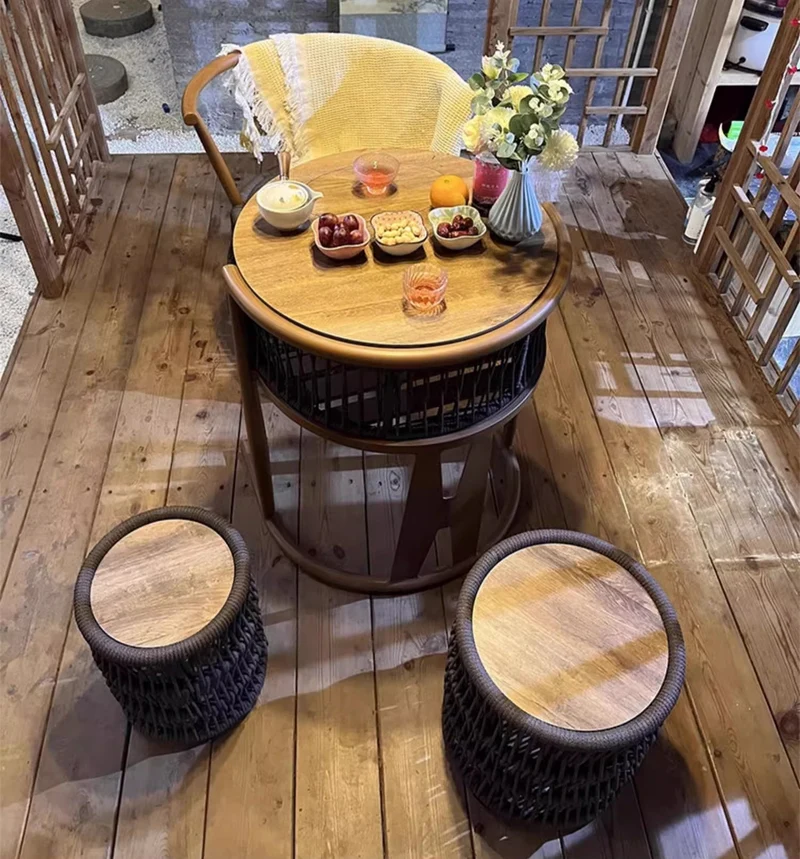 Platzsparender Tisch aus geflochtenem PE-Seil, Aluminiumrahmen, stapelbare Stühle für Veranda, Hinterhof, Balkon, Garten