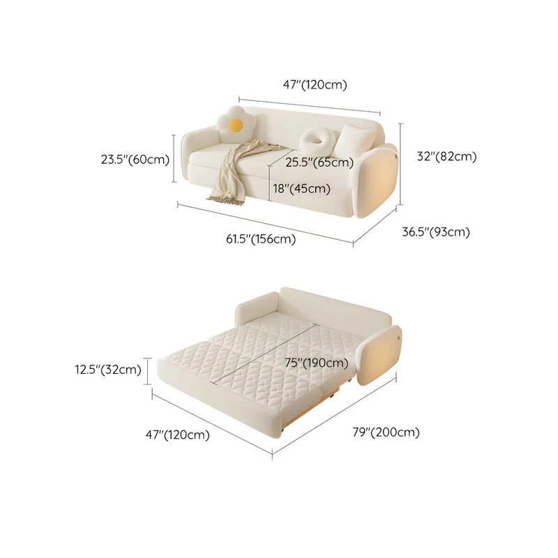 Schlafsofa aus Berberfleece-Massivholz mit Stauraum darunter