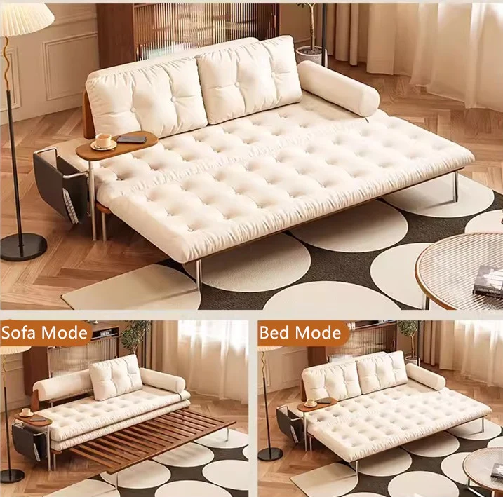Nordisches minimalistisches Schlafsofa mit drehbarem Beistelltisch