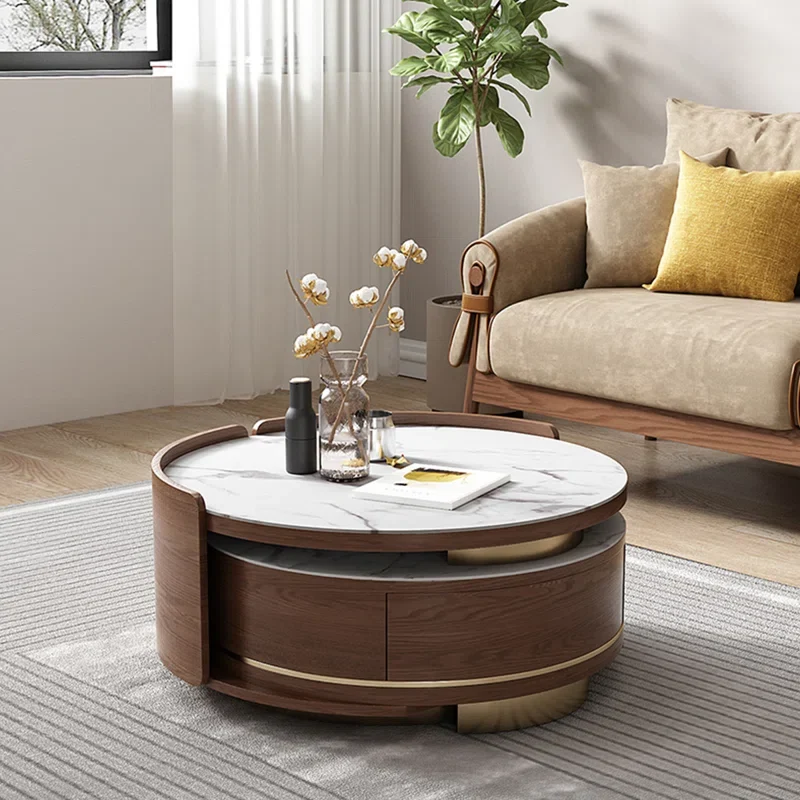 Doppelter runder Couchtisch mit Schublade und Marmortischplatte