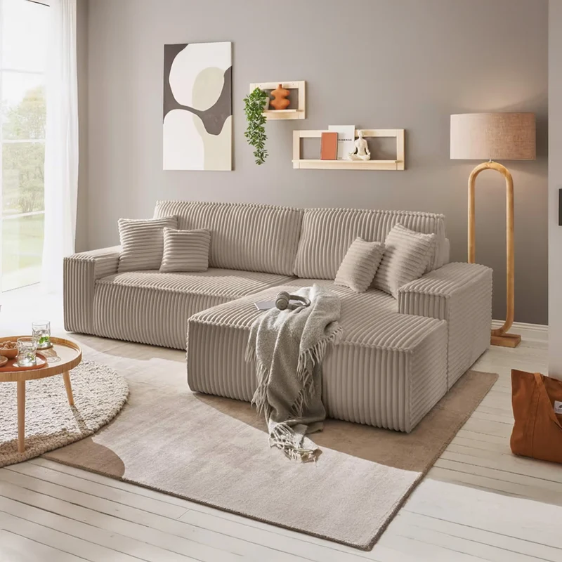 Ecksofa mit Schlaffunktion Breitcord Creme - FINNLEY
