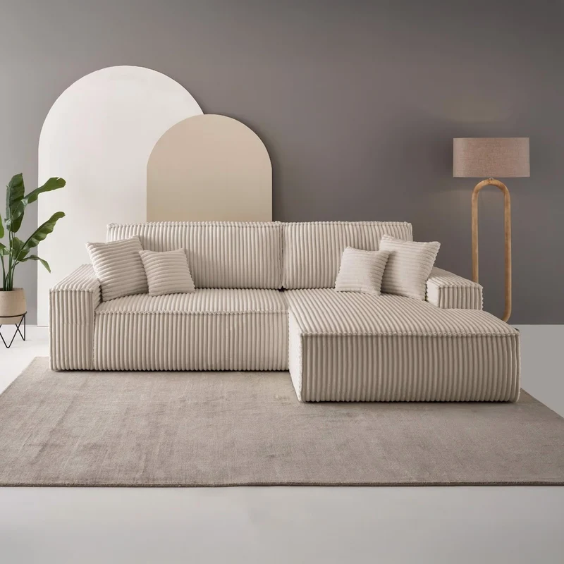 Ecksofa mit Schlaffunktion Breitcord Creme - FINNLEY
