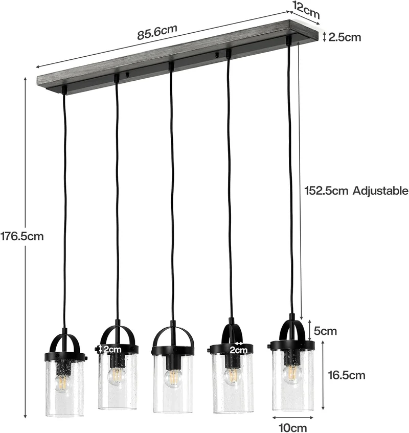 Tribesigns 5-flammige Hängeleuchte mit Blasenglas-Schirmen, Höhenverstellbare Esstischlampe Schwarz