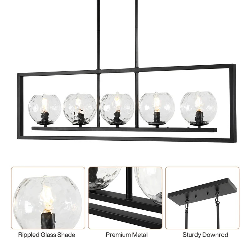 Tribesigns 5-flammige Pendelleuchte Schwarz mit E14-Fassungen, Höhenverstellbare Esstischlampe mit Wellenglas-Schirmen