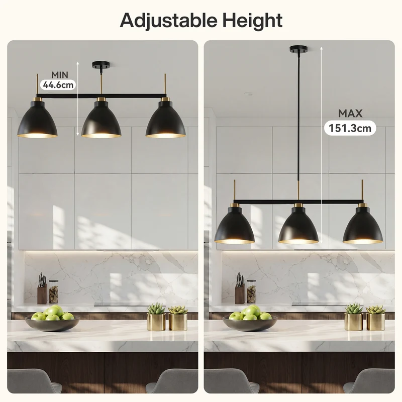 Tribesigns 3-flammige Pendelleuchte Schwarz-Gold, Höhenverstellbare Industrie-Hängeleuchte, E27 Metalllampe