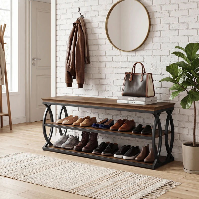 Tribesigns Schuhbank mit Stauraum 120 cm, 3-stufiges Schuhregal im Industrial-Landhausstil mit Sitzfläche