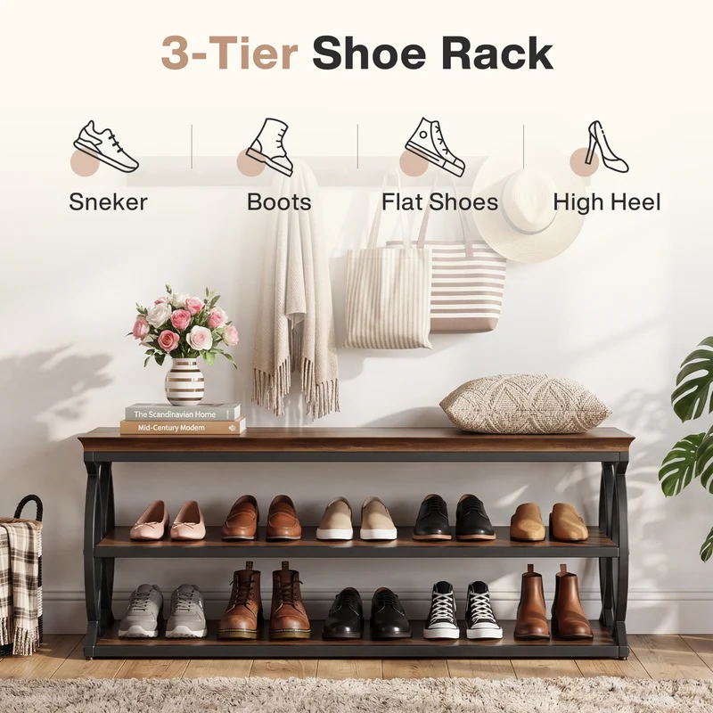 Tribesigns Schuhbank mit Stauraum 120 cm, 3-stufiges Schuhregal im Industrial-Landhausstil mit Sitzfläche