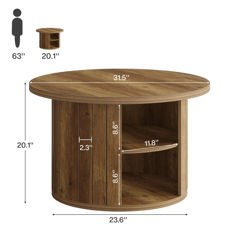 80 cm Runder Couchtisch mit Stauraum - Rustikaler Brauner Beistelltisch für Wohnzimmer