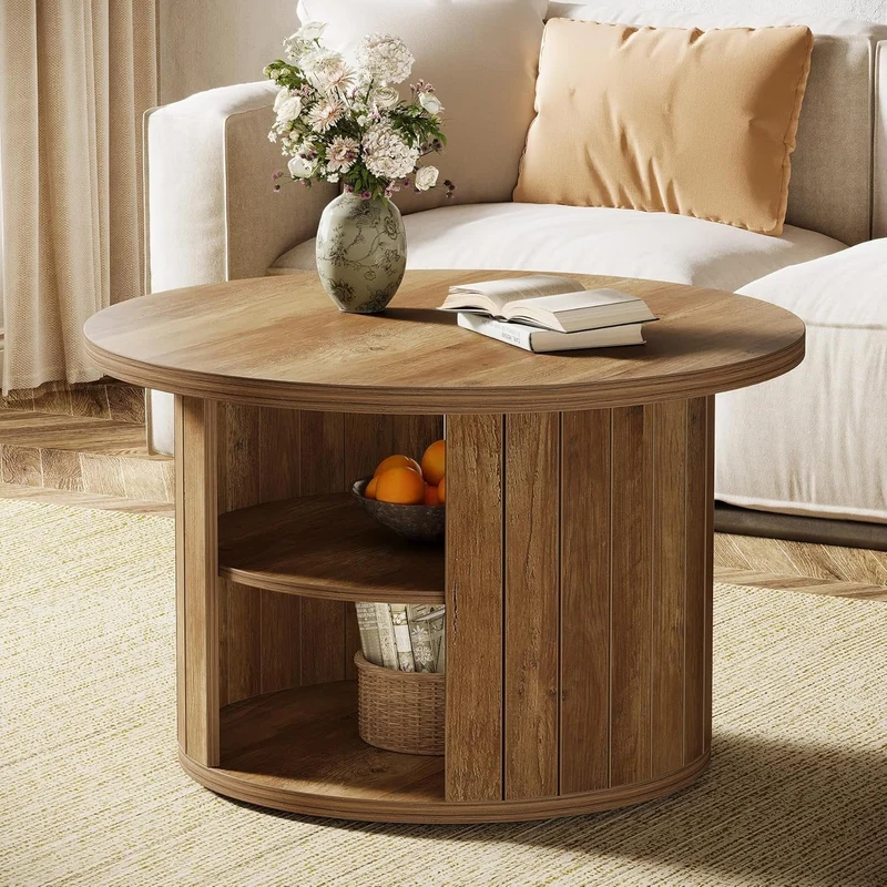 80 cm Runder Couchtisch mit Stauraum - Rustikaler Brauner Beistelltisch für Wohnzimmer