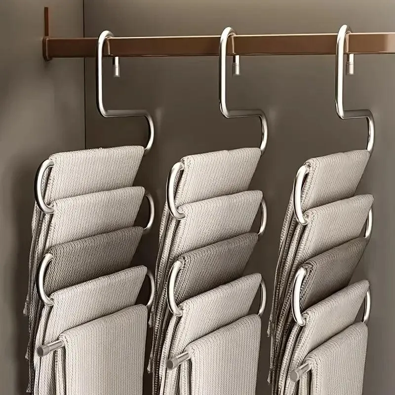 5-Tier Stainless Steel Pants Hanger – S-Shaped, Non-Slip, Space-Saving Organizer