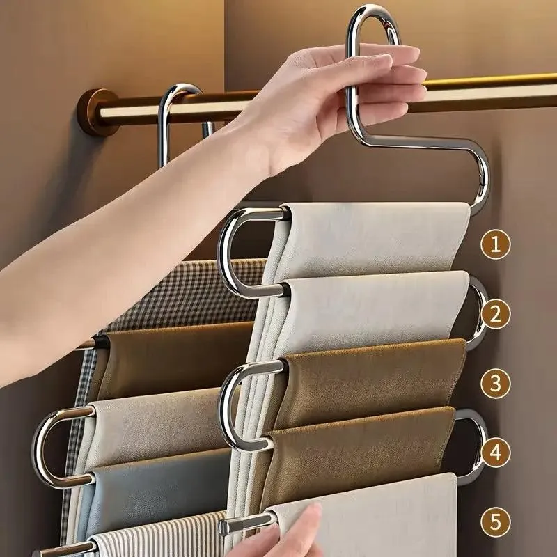 5-Tier Stainless Steel Pants Hanger – S-Shaped, Non-Slip, Space-Saving Organizer