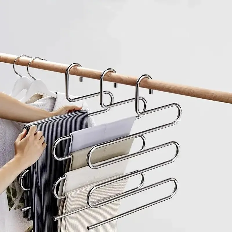 5-Tier Stainless Steel Pants Hanger – S-Shaped, Non-Slip, Space-Saving Organizer