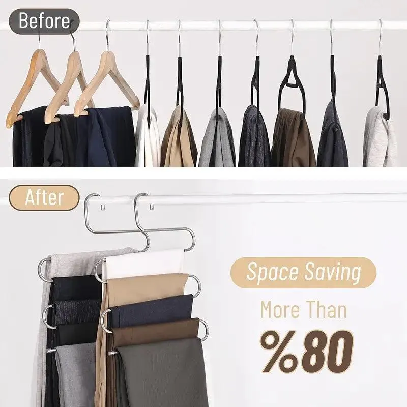 5-Tier Stainless Steel Pants Hanger – S-Shaped, Non-Slip, Space-Saving Organizer