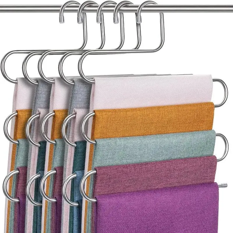 5-Tier Stainless Steel Pants Hanger – S-Shaped, Non-Slip, Space-Saving Organizer