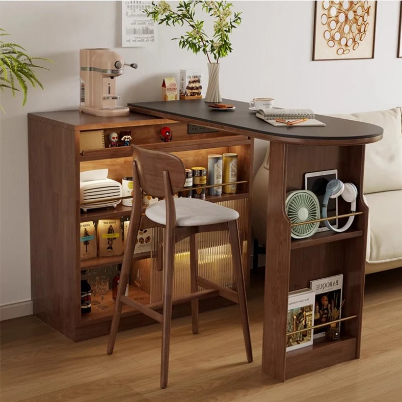 360° drehbarer Bartisch aus Massivholz mit doppelseitigem Aufbewahrungsschrank