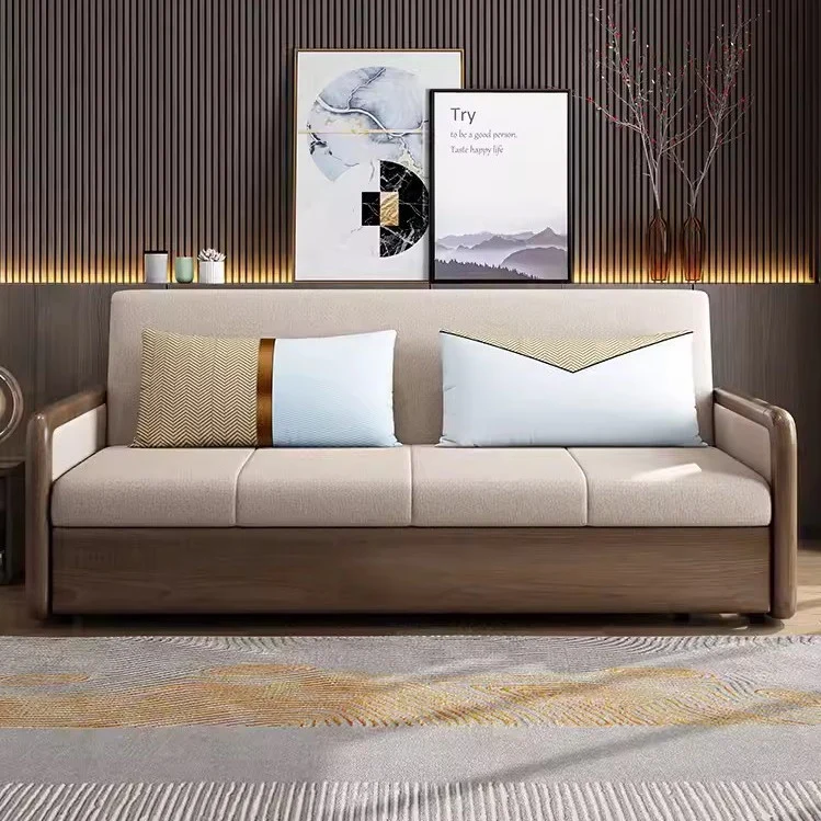 Schlafsofa aus massivem Holz mit Armlehne und Stauraum darunter