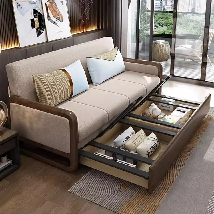 Schlafsofa aus massivem Holz mit Armlehne und Stauraum darunter