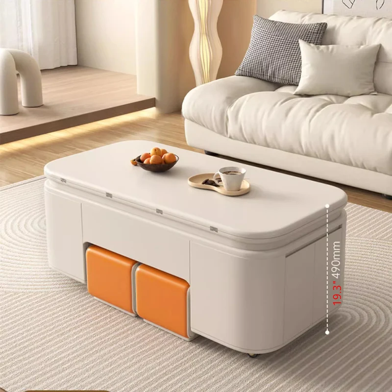 Multifunktionaler Couchtisch mit anhebbarer Tischplatte im minimalistischen Stil und Hockern