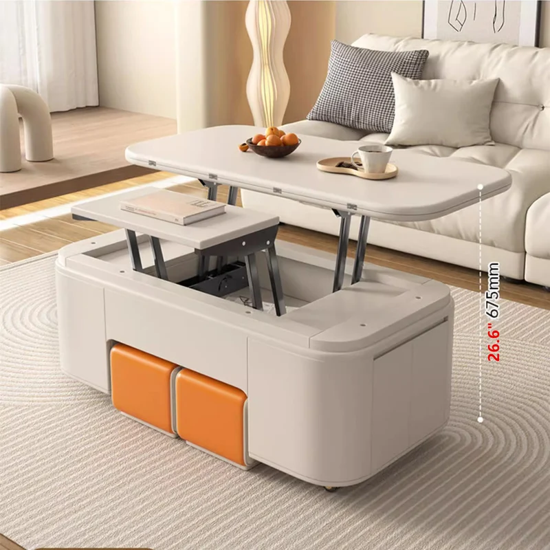 Multifunktionaler Couchtisch mit anhebbarer Tischplatte im minimalistischen Stil und Hockern