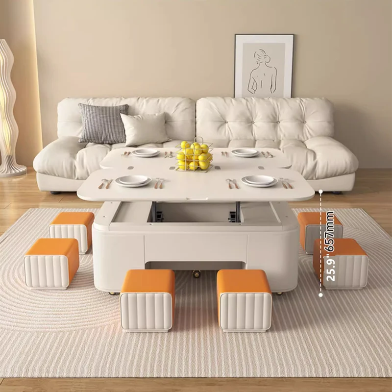 Multifunktionaler Couchtisch mit anhebbarer Tischplatte im minimalistischen Stil und Hockern