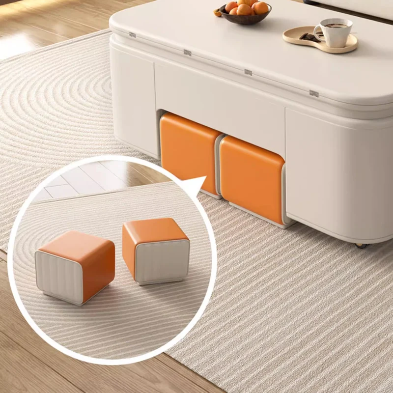 Multifunktionaler Couchtisch mit anhebbarer Tischplatte im minimalistischen Stil und Hockern