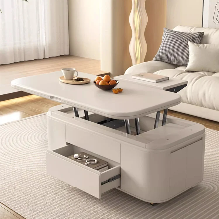 Multifunktionaler Couchtisch mit anhebbarer Tischplatte im minimalistischen Stil und Hockern