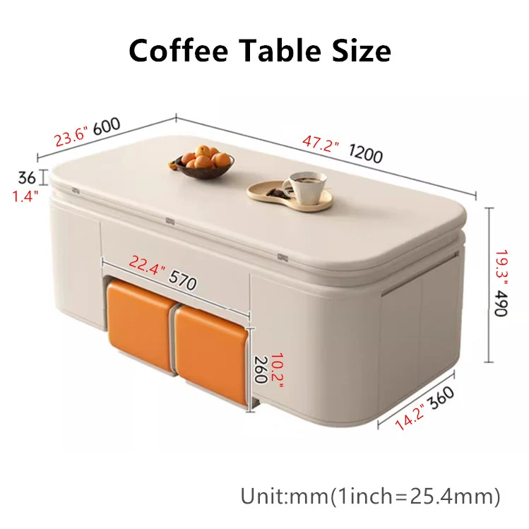 Multifunktionaler Couchtisch mit anhebbarer Tischplatte im minimalistischen Stil und Hockern