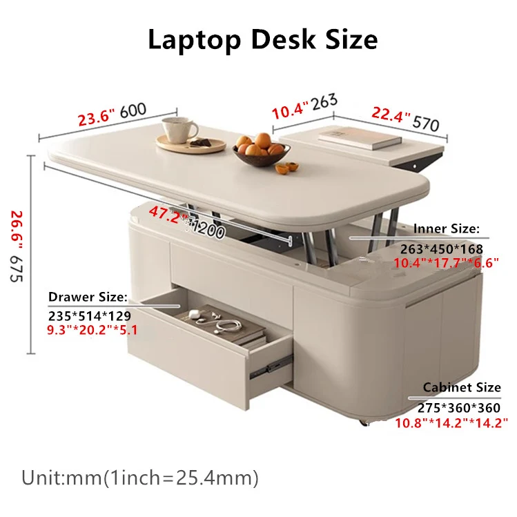 Multifunktionaler Couchtisch mit anhebbarer Tischplatte im minimalistischen Stil und Hockern