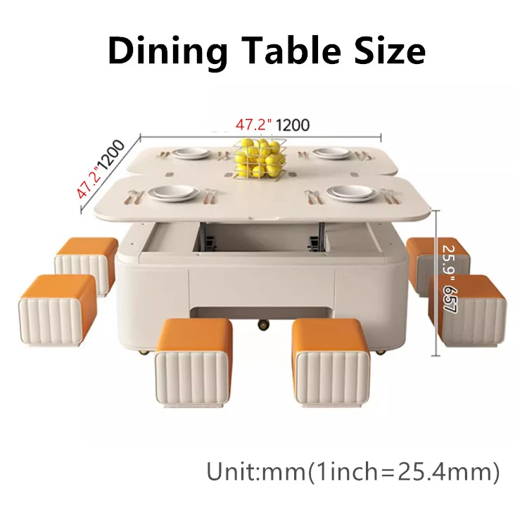Multifunktionaler Couchtisch mit anhebbarer Tischplatte im minimalistischen Stil und Hockern