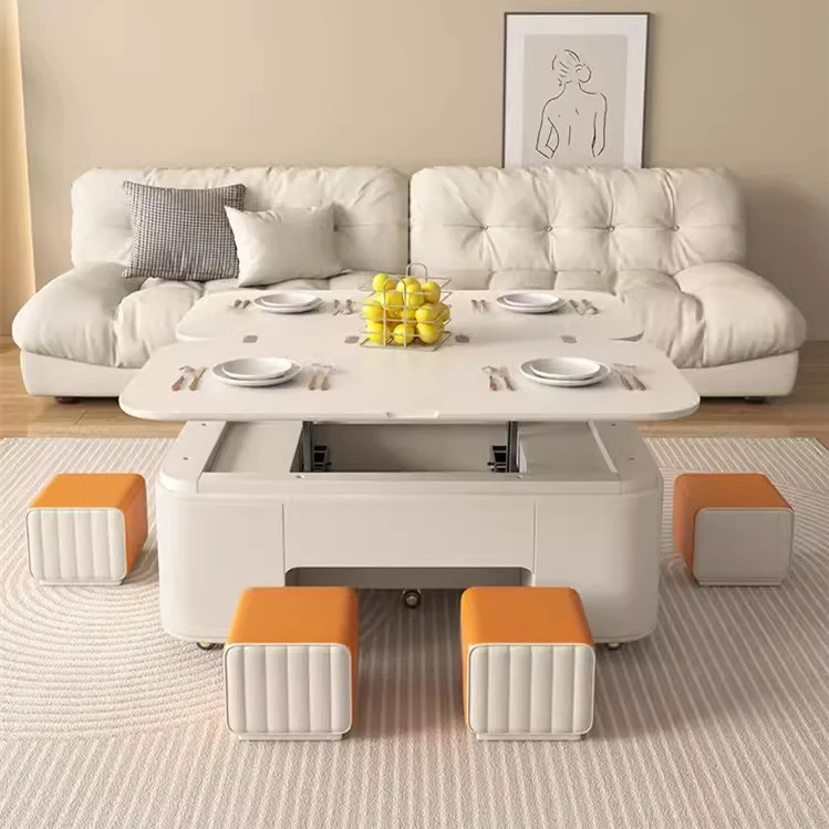 Multifunktionaler Couchtisch mit anhebbarer Tischplatte im minimalistischen Stil und Hockern