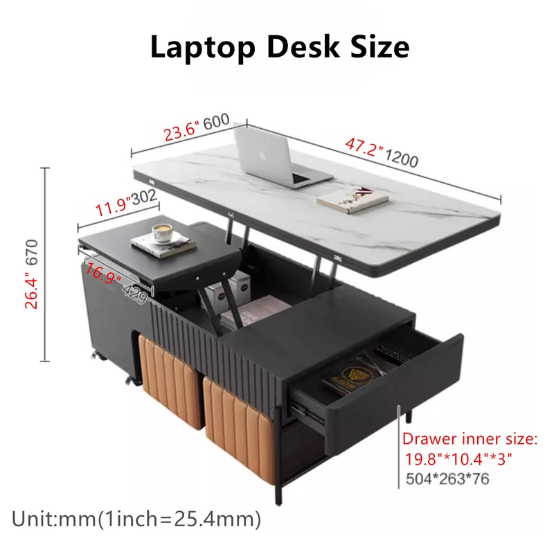 Moderner, hochklappbarer Couchtisch mit 4 Hockern