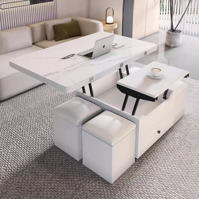 Multifunktionaler Lift-Couchtisch mit 4 Aufbewahrungshockern