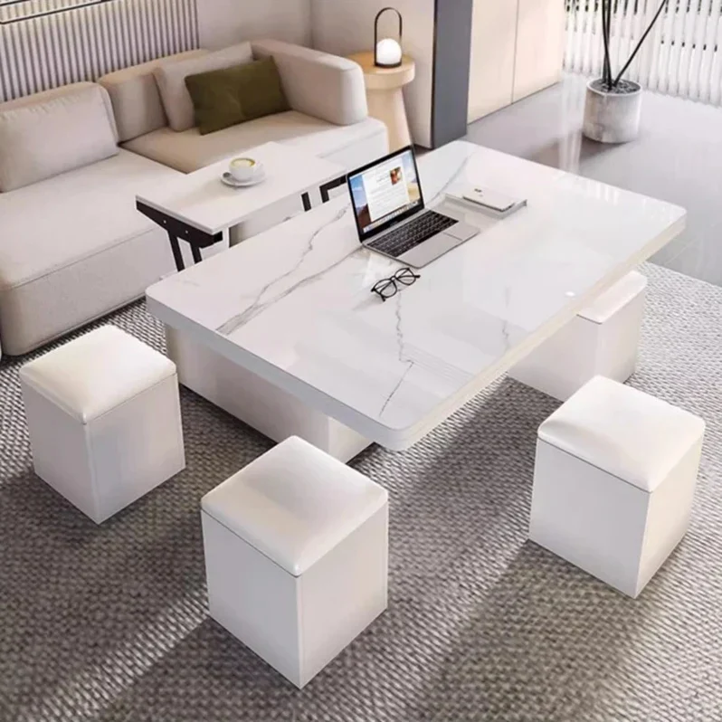 Multifunktionaler Lift-Couchtisch mit 4 Aufbewahrungshockern