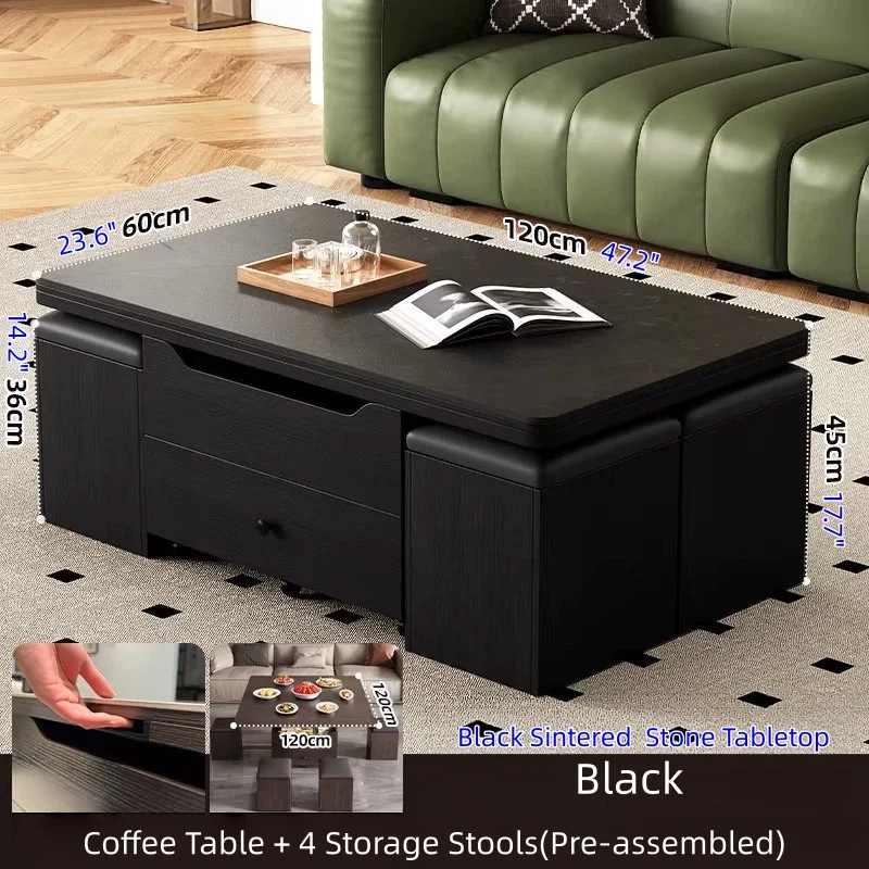 Multifunktionaler Lift-Couchtisch mit 4 Aufbewahrungshockern