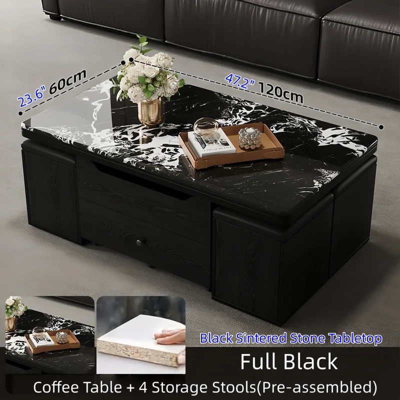 Multifunktionaler Lift-Couchtisch mit 4 Aufbewahrungshockern