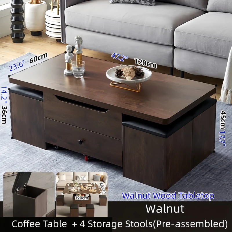 Multifunktionaler Lift-Couchtisch mit 4 Aufbewahrungshockern