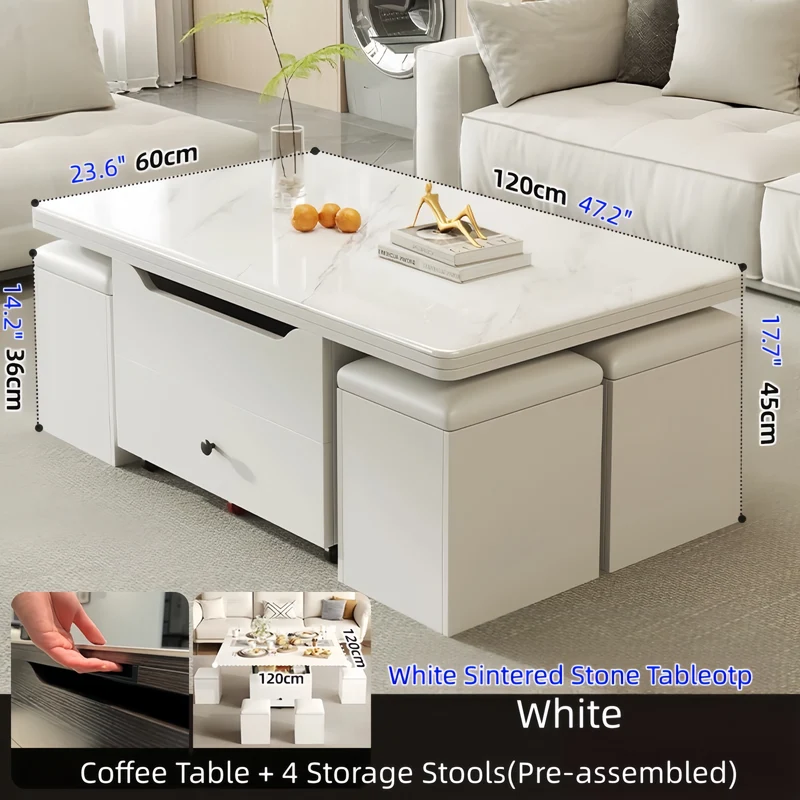 Multifunktionaler Lift-Couchtisch mit 4 Aufbewahrungshockern