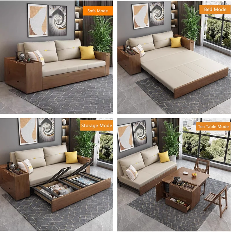Multifunktions-Schlafsofa mit Gongfu-Teetisch-Armlehne und Stauraum darunter