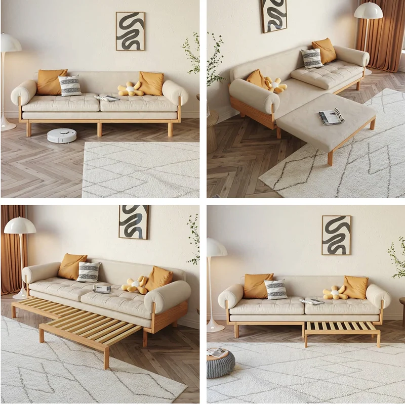 Klappbares Schlafsofa aus Massivholz mit eingelassenen Armlehnen von Japandi