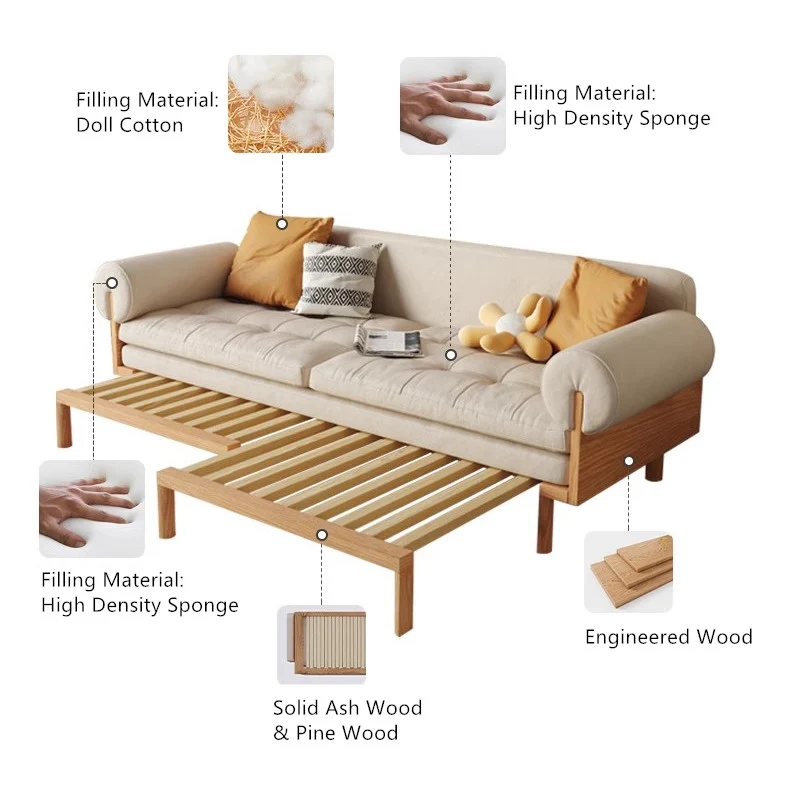 Klappbares Schlafsofa aus Massivholz mit eingelassenen Armlehnen von Japandi
