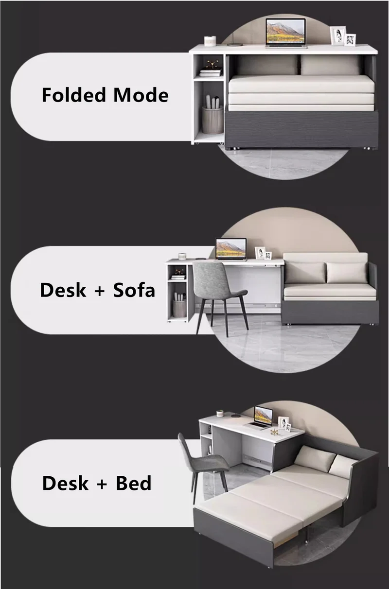 Platzsparendes Schlafsofa mit Stauraum darunter und Computertisch-Set