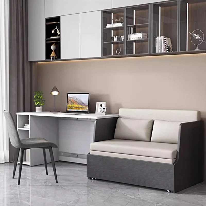 Platzsparendes Schlafsofa mit Stauraum darunter und Computertisch-Set