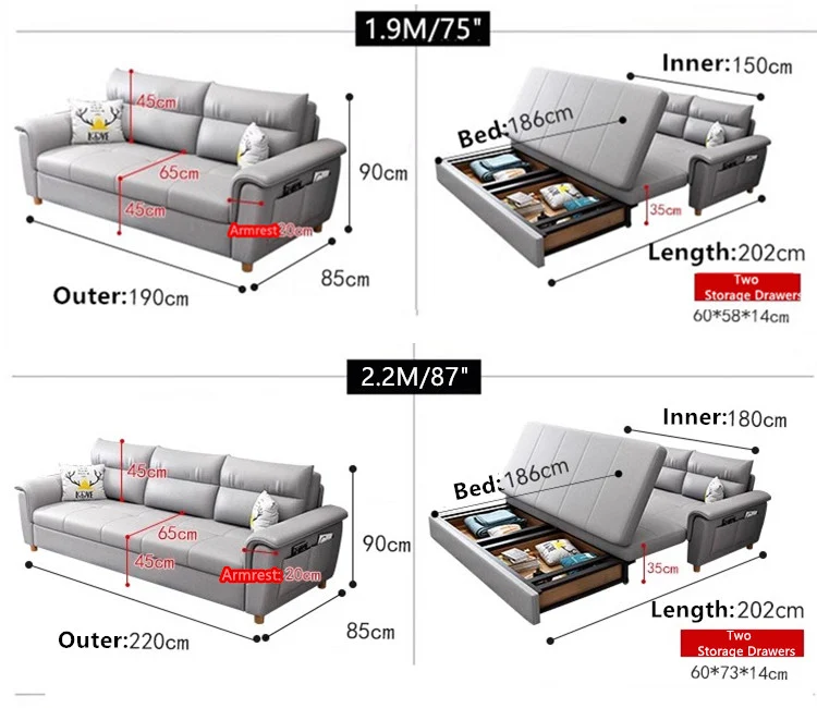 Umwandelbares Schlafsofa mit Stauraum und Taschen