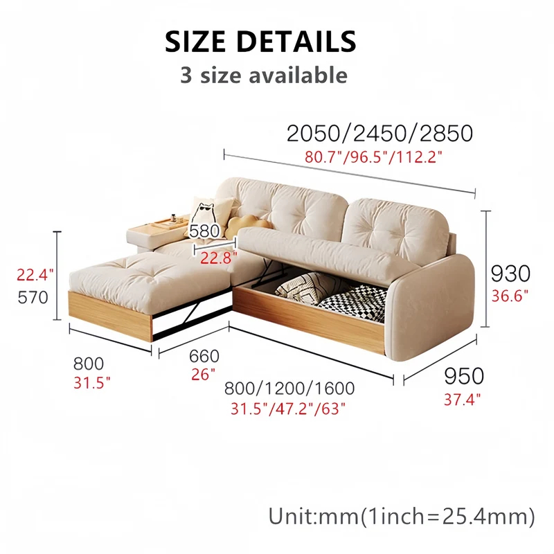 Ausziehbare Lounge-Chaise und Sofa von Japandi mit Stauraum darunter