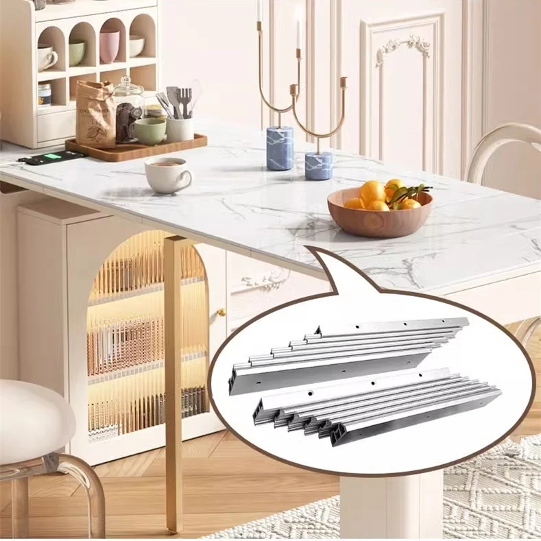 Moderner ausziehbarer Esstisch mit 4 Marmorblättern und Sideboard-Schrank