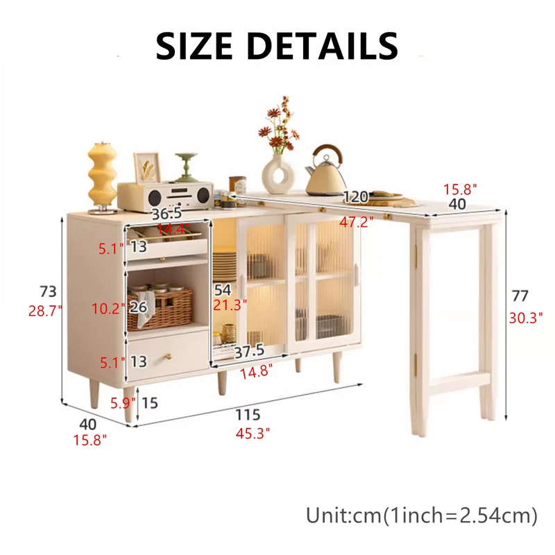 Erweiterbarer und klappbarer Esstisch mit Sideboard-Schrank