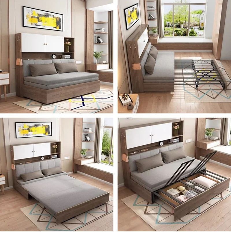 Schlafsofa mit Stauraum darunter und Bücherregal