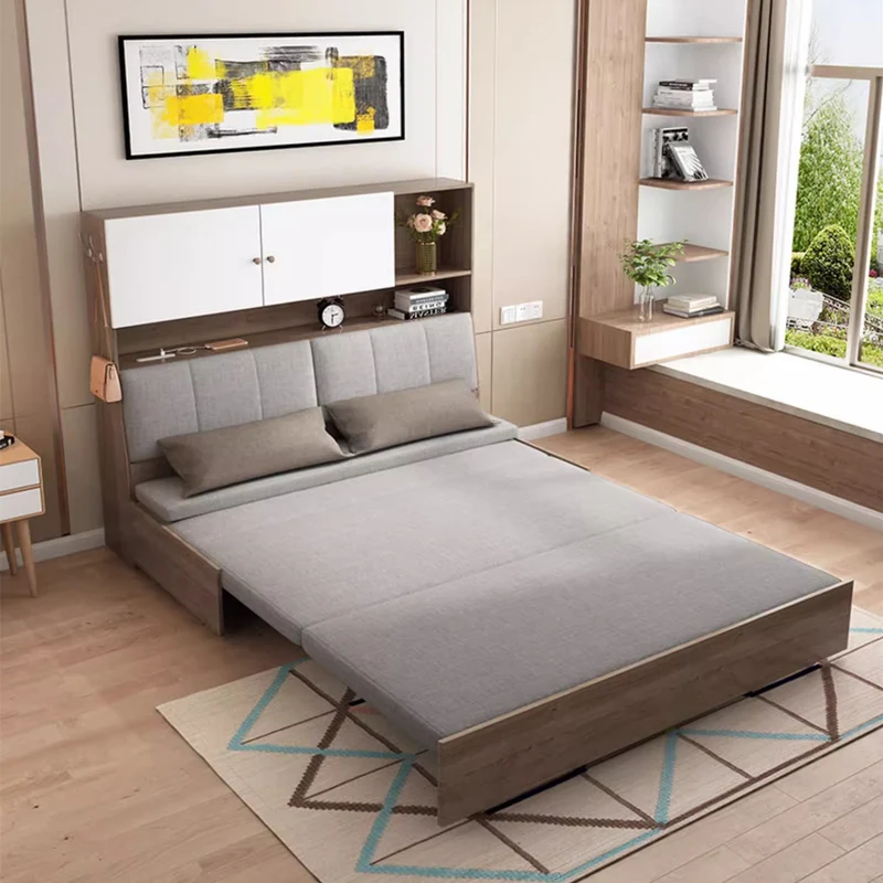 Schlafsofa mit Stauraum darunter und Bücherregal